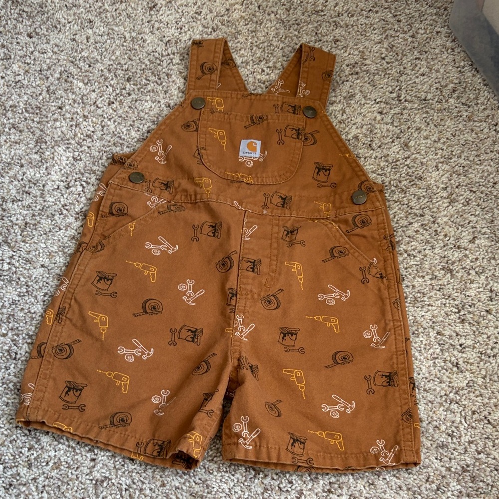 Carhartt Brown Tool-Print Short Overalls with Yellow Accents